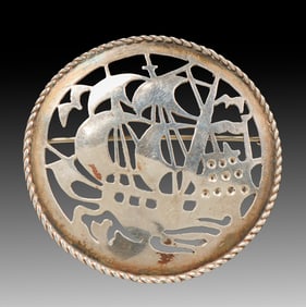 Arts & Crafts Period Sterling Silver Galleon Ship Cutout Brooch c1910
