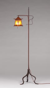 Arts & Crafts Period Hammered Copper, Hand-Forged Iron & Amber Glass Floor Lamp c1910