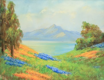 California Poppies & Lupine Pastel Painting c1920s