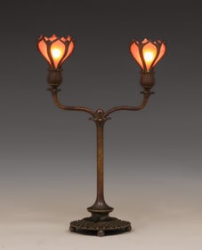 Bigelow, Kennard & Co - Boston Arts & Crafts Brass & Mica Double Lamp c1900
