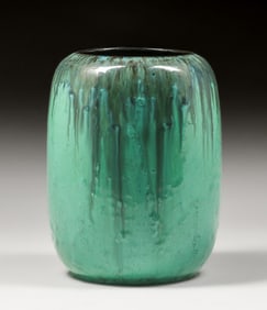 Fulper Pottery Mirror Black & Celadon Green Flambe Vase c1910