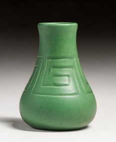 Owens Pottery #27 Matte Green Incised Vase c1910