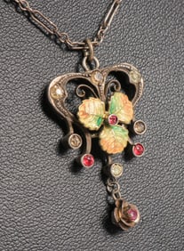 Newark School Arts & Crafts Sterling Silver, Enamel, Rubies & Diamond Pendant Necklace c1910