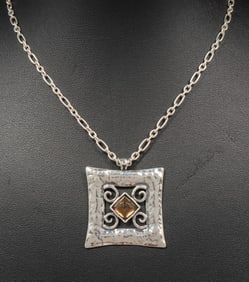 Arts & Crafts Period Hand Hammered Sterling Silver & Faceted Topaz Pendant Necklace c1920s