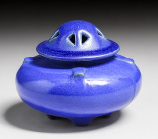 Rare Fulper Pottery Matte Blue Cutout Incense Burner c1910