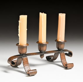 Roycroft Hammered Copper Triple Candlestick c1920s