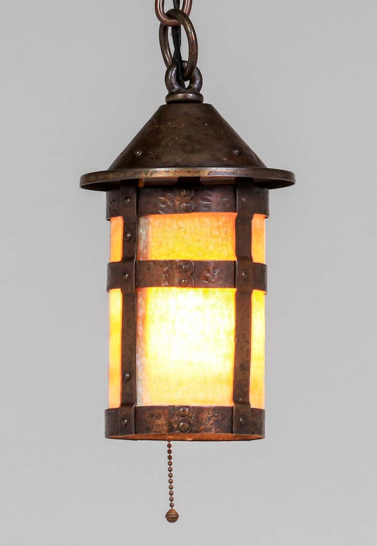 Arts & Crafts Period Brass & Curved Glass Hanging Light c1910 (1 of 5)