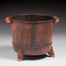 Large Arts & Crafts Hammered Copper Riveted Two-Handled Jardiniere c1910