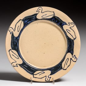 Early Pewabic Pottery Iridescent Blue & White Duck Plate c1905