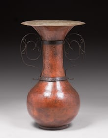 Huge Arts & Crafts Hammered Copper & Iron Two-Handled 29"h Floor Vase c1910