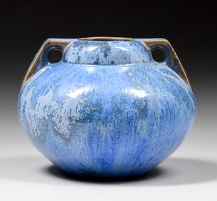 Fulper Pottery Bulbous Blue Crystalline Two-Handled Vase c1917-1920