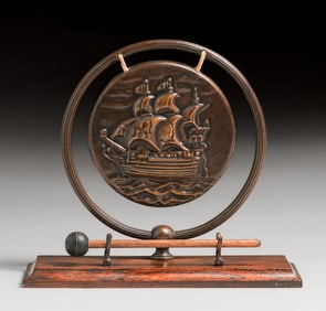 Arts & Crafts Period Hammered Brass Galleon Ship Dinner Gong c1920