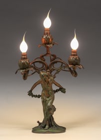 Art Nouveau Figural Maiden Three Candle Light Lamp c1910s