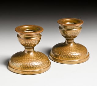 Arts & Crafts Period Hammered Brass Candlesticks c1920