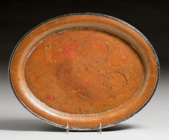 Joseph Heinrichs Hammered Copper & Silver Oval Tray c1910