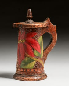 Arts & Crafts Period Hand-Carved & Painted Pyrography Stein c1910