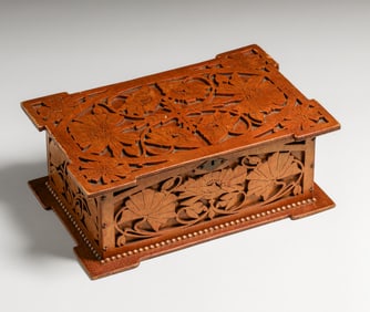 Arts & Crafts Period Hand-Carved Lotus Flowers Box c1920