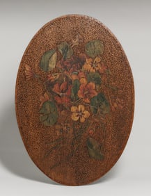 Arts & Crafts Period Hand-Carved & Painted Pyrography Oval Plaque 1906