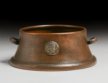 Benedict Studios Hammered Copper Roman Coin Two-Handled Jardiniere c1910