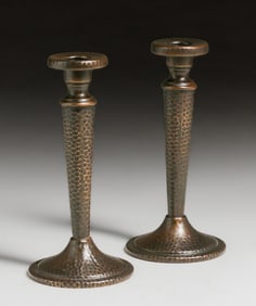 Pair Arts & Crafts Hammered Copper Candlesticks c1920s