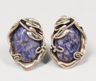 Arts & Crafts Period Sterling Silver & Sodalite Earrings c1920