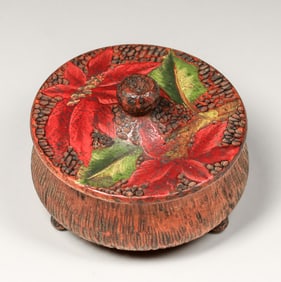 Arts & Crafts Period Hand-Painted & Carved Pyrography Covered Bowl c1910