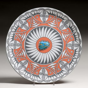 Mary Small (Born 1945) Jemez Pueblo Polychrome Tray with Turquoise c1990s