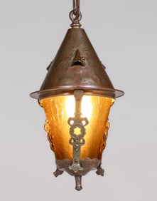 Arts & Crafts Period Hammered Copper & Brass Amber Glass Hanging Light c1910s