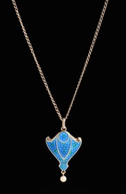 English Arts & Crafts Sterling Silver & Enamel Pendant Necklace c1900s