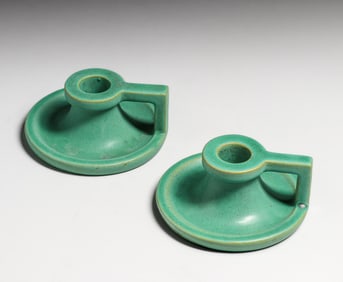Pair Teco Pottery Matte Green Candlesticks c1910