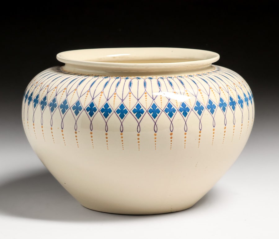 Amphora, Oegstgeest, Holland Theodorus Verstraaten Geometric Art Nouveau Jardiniere c1910: Amphora, Oegstgeest, Holland Theodorus Verstraaten Geometric Art Nouveau Jardiniere c1910. Signed. Perfect condition. 11"d x 7.25"h FREE NATIONWIDE SHIPPING Free Nationwide Shipping within the lower