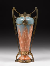 German Art Nouveau Brass & Ceramic Two-Handled Vase c1900