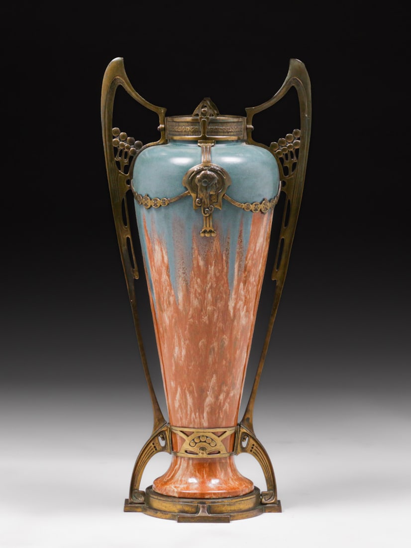 German Art Nouveau Brass & Ceramic Two-Handled Vase c1900 (1 of 4)