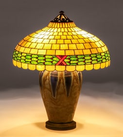 Arts & Crafts Period Leaded Glass & Ceramic Base Lamp c1910