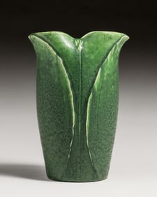 Grueby Faience Matte Green Unusual Pinched Rim Vase c1905