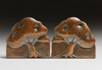 Norman deKalb Edwards (1894-1978) Hammered Copper Oak Tree Cutout Bookends c1920s