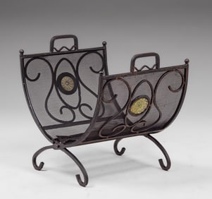 Arts & Crafts Spanish Revival Iron & Inset Glass Log Holder c1920s