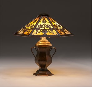 Limbert Hammered Copper & Slag Glass Lamp c1910