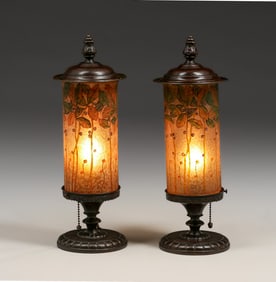 Handel Pair of Obverse-Painted Torchiere Lamps c1910