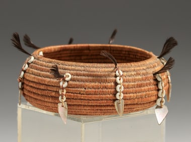 Native American Quail Feather & Clam Shell Basket - Pomo Tribe c1920s