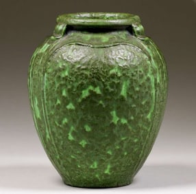 Grueby Pottery Curdled Matte Green Bulbous Vase c1905