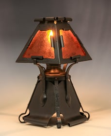 Arts & Crafts Iron & Amber Slag Glass Lamp c1910s