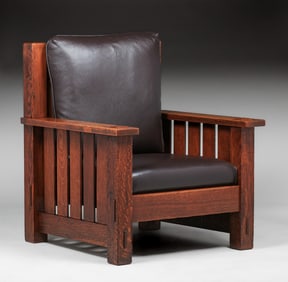 Large Stickley Brothers Slatted 3/4 Cube Chair c1910