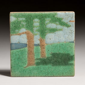 Grueby Faience Two Pine Trees Tile c1906