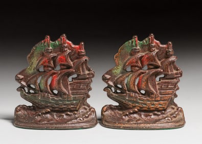 Arts & Crafts Period Painted Cast Iron Galleon Ship Bookends c1920s