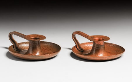 Roycroft Pair Early Hammered Copper Candlesticks c1915