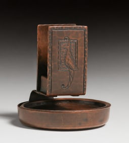 Roycroft Hammered Copper Bird-of-Paradise Matchbox Holder & Ashtray c1915