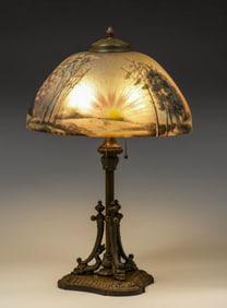 Handel Reverse-Painted Sunset Snow Scene Lamp c1910s