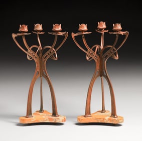German Art Nouveau Bronze & Marble Candlesticks c1900s