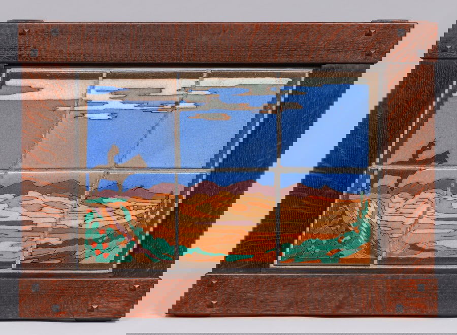 Taylor Tile Co - Los Angeles Six-Tile Native American on Horseback c1930s: Taylor Tile Co - Los Angeles Six-Tile Native American on Horseback c1930s. Unsigned. Perfect condition. Tim Holton custom oak frame. 12"h x 18"w. Frame 18"h x 25.5"w. FREE NATIONWIDE SHIPPING Free N